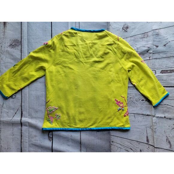 Michael Simon Cotton Embroidered Ribbon Neon Green Open front Cardigan M READ - Picture 10 of 13